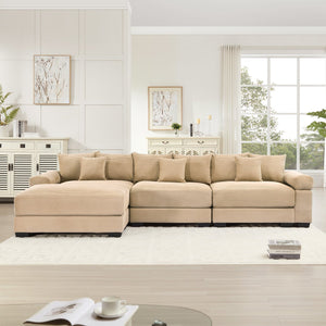 English Elm 130" Oversized Modular L-Shaped Sectional Couch In Cozy Camel Corduroy With Ottoman & 9 Pillows W714S01308