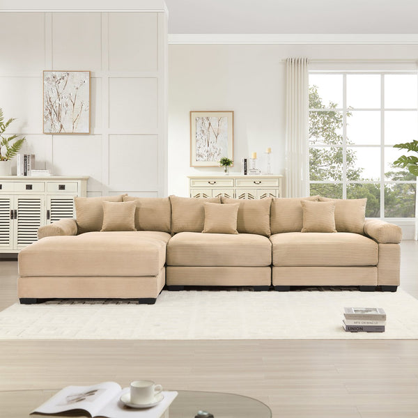 English Elm 130" Oversized Modular L-Shaped Sectional Couch In Cozy Camel Corduroy With Ottoman & 9 Pillows W714S01308