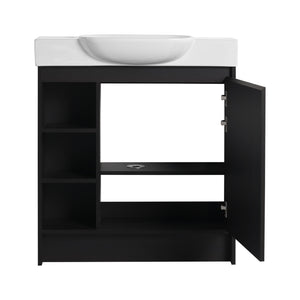 English Elm 30'' Freestanding vanity with white ceramic sink, soft-close doors, water-resistant melamine finish, modern handle design Dark Oak W999P310760