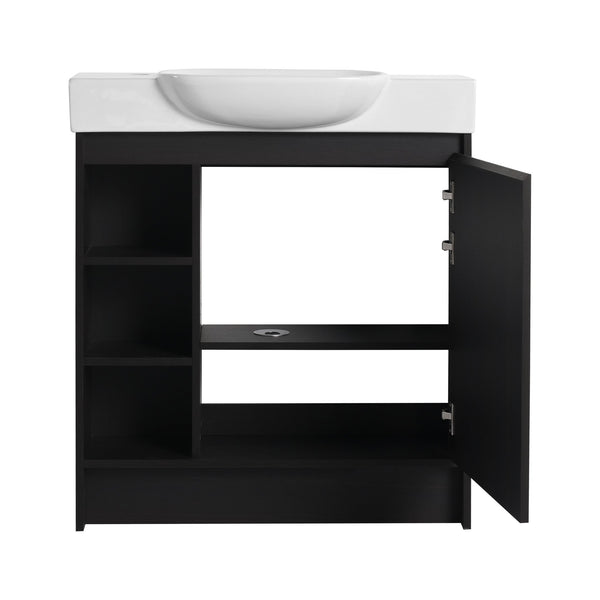 English Elm 30'' Freestanding vanity with white ceramic sink, soft-close doors, water-resistant melamine finish, modern handle design Dark Oak W999P310760