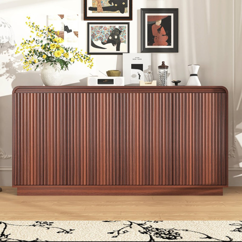 English Elm Black Fluted Wave Door Media Console with Built-in Power Outlet and Adjustable Shelving Walnut W409P452058