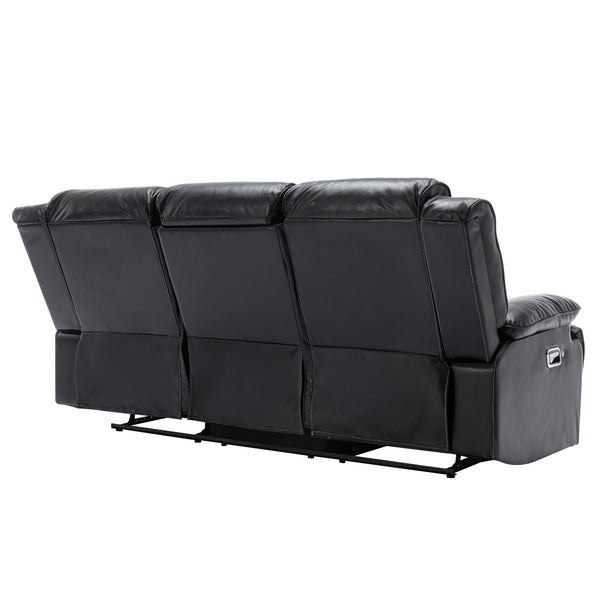English Elm 3 Seater Home Theater Recliner with LED Accent Strip, Dual Cup Holders, Gel Leather Comfort Luxury Black WF323623AAB