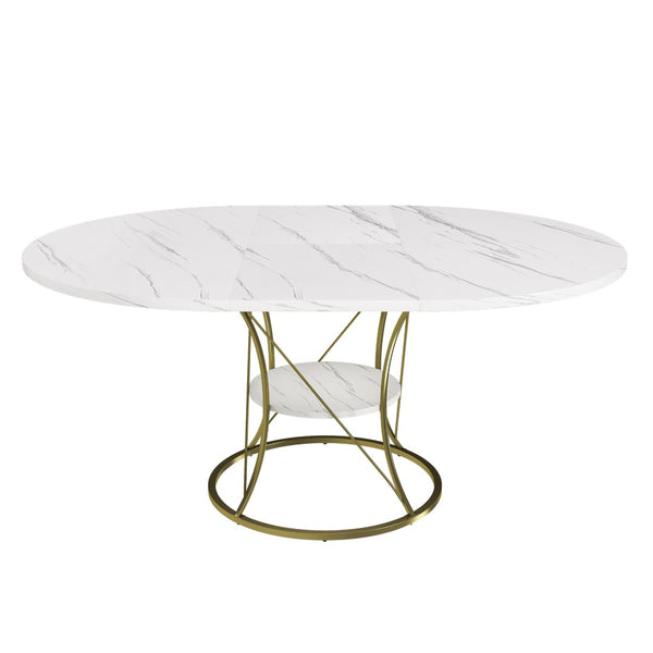 English Elm 43 Inch Expandable Round Dining Table Walnut Veneer Seats Six with Metal Storage Shelf Walnut+Gold W2700P411581