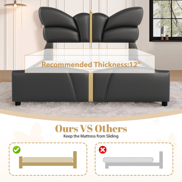 English Elm Christopher Knight Home® - Queen Plush Leather Upholstered Bed Frame with Wingback Headboard, Wavy Footboard, Quiet Support Black 82 L x 10 W x 3.25 H N761S0000019B