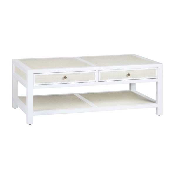 Crestview Collection Coastal Cocktail Table With Storage | Durable Mindi Wood & Woven Raffia | Chic Living Room Accent White Solid Wood Cvfdr1150