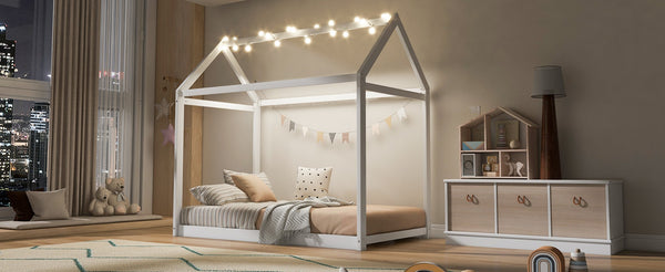 English Elm Twin House Bed Pine Wood Frame with Peaked Roofline Low Profile Kids Bedroom WF197557AAK