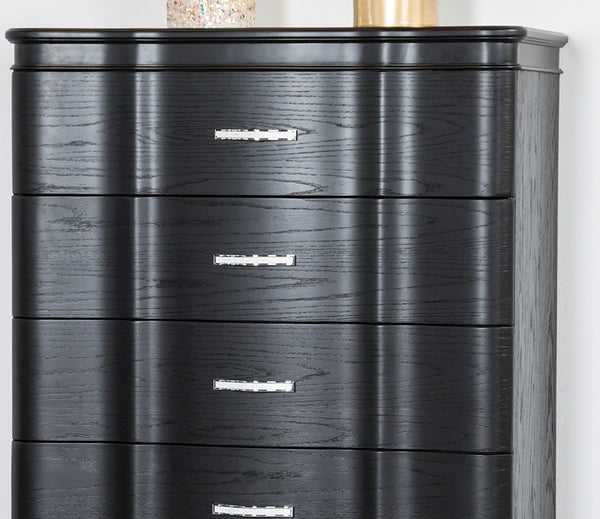 English Elm Glamorous Black 36"W Curved Front Chest with Crystal Acrylic Handles, Turned Legs & Felt Lined Drawer B2741P372231