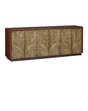 Currey & Company Jardin Credenza: Elegant Walnut Storage With Antique Brass Leaf Motifs For A Timeless Home Accent Brown Teak Wood ,Brass 3000-0324-currey-company