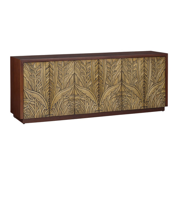 Currey & Company Jardin Credenza: Elegant Walnut Storage With Antique Brass Leaf Motifs For A Timeless Home Accent Brown Teak Wood ,Brass 3000-0324-currey-company
