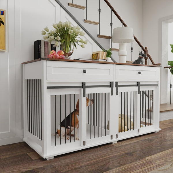 English Elm 63'' Farmhouse Double Dog Crate Furniture with Wood Grain Mdf Build and Storage Drawers W2557P231672