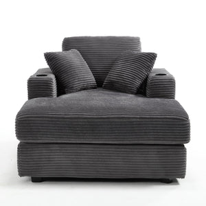 English Elm [New]Corduroy Upholstered Chaise Lounge Sofa with Detachable Cushions, Deep Seat, Cup Holders Grey W2120P322753