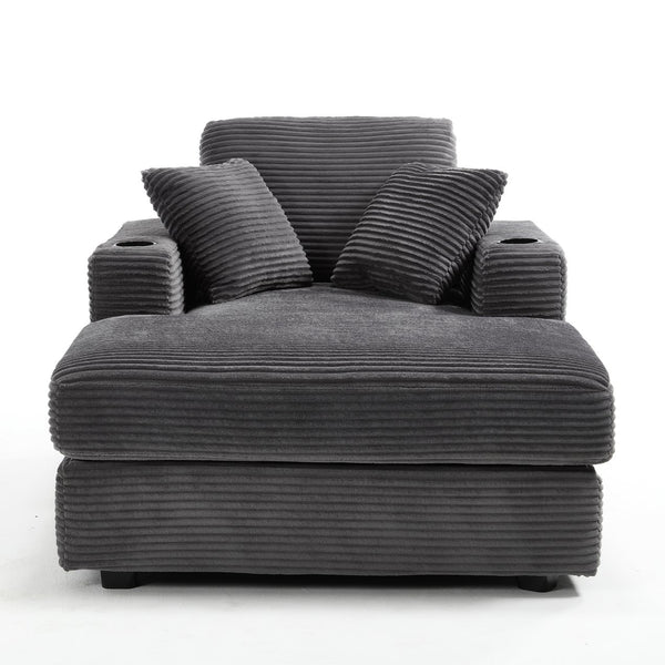 English Elm [New]Corduroy Upholstered Chaise Lounge Sofa with Detachable Cushions, Deep Seat, Cup Holders Grey W2120P322753