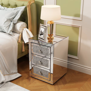 English Elm 3-Drawer Mirrored Nightstand with Crystal Knobs, Glitter Drawers, Silent-Glide Storage Accent Table W3836P362100