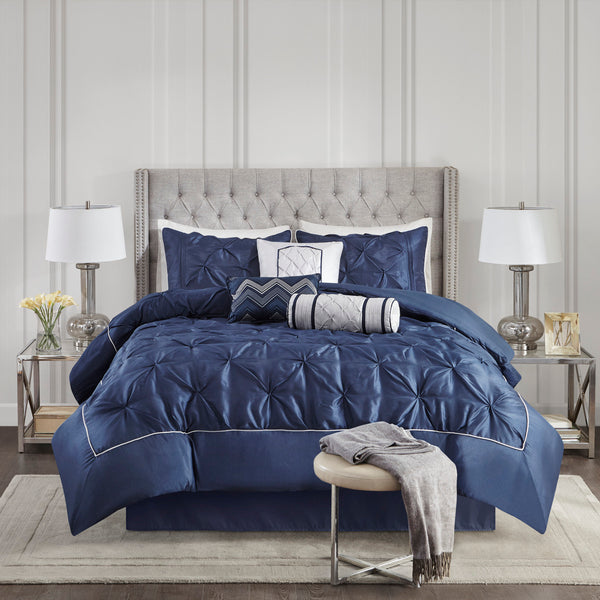English Elm 7 Tufted Laurel Comforter Set King Deep Blue Quilt with Decorative Pillows, Bedskirt, Plush Poly Filling Navy 23.62 L x 20.08 W x 15.75 H B03596832