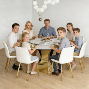 English Elm 59" Round Sintered Stone Table Set Seats Eight with Gold Hourglass Base Lazy Susan W2700S00130