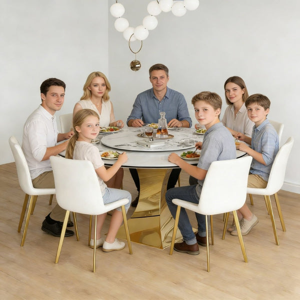 English Elm 59" Round Sintered Stone Table Set Seats Eight with Gold Hourglass Base Lazy Susan W2700S00130