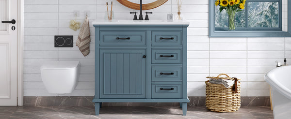 English Elm 36 Inch Bathroom Vanity With Ceramic Sink, Adjustable Shelf, Stylish Storage, Modern Blue Finish N725P336554C