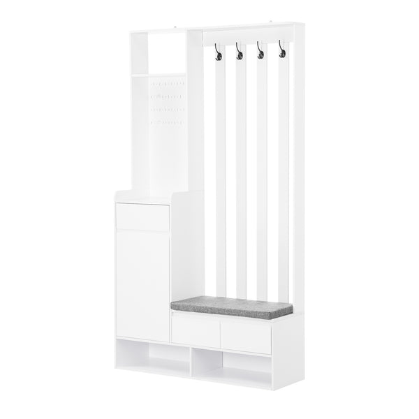 English Elm ON-TREND Hall Tree with Pegboard, Cushioned Bench, Drawer & Hooks for Organized Entryway Storage White N721P179243K