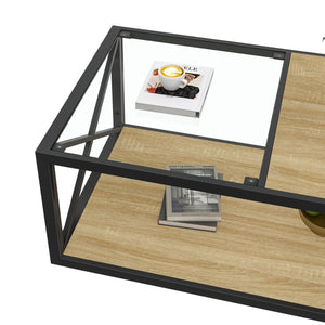 English Elm Modern coffee table with tempered glass and MDF top, industrial X-frame design, sturdy metal frame, ample storage and easy-clean surfaces for living room seating areas Natural Wood W241P246907