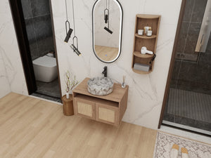 English Elm 30" Floating Bathroom Vanity Oak Finish Ceramic Vessel Sink Soft Close Plywood Cabinet W999S00503