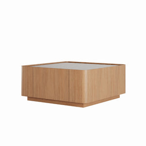 English Elm 31.5-inch Square Walnut Coffee Table Tempered Glass Top with Hidden Storage Drawers W2263P458486