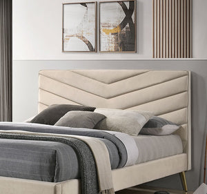 English Elm Mid-century Chevron Tufted Queen Bed with Gold-Plated Legs, Soft Flannelette Upholstery, Glam Art Deco Appeal Beige 79 L x 38 W x 5 H B011S00898