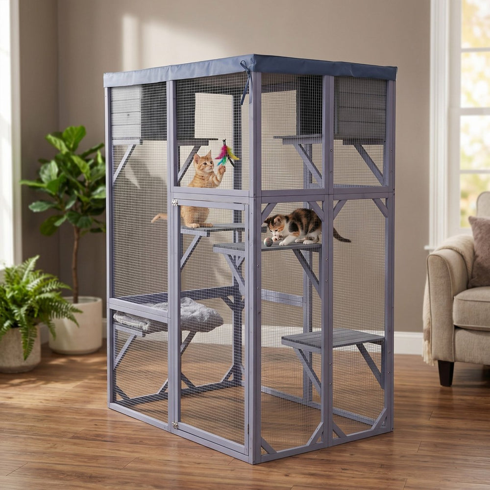 English Elm Outdoor Solid Fir Wood Cat Enclosure with 4 Tiered Platforms and Dual Napping Houses W3166P476669