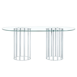 English Elm 71 Inch Oval Tempered Glass Dining Table Black Metal Base Seats Eight Modern W1151P416028