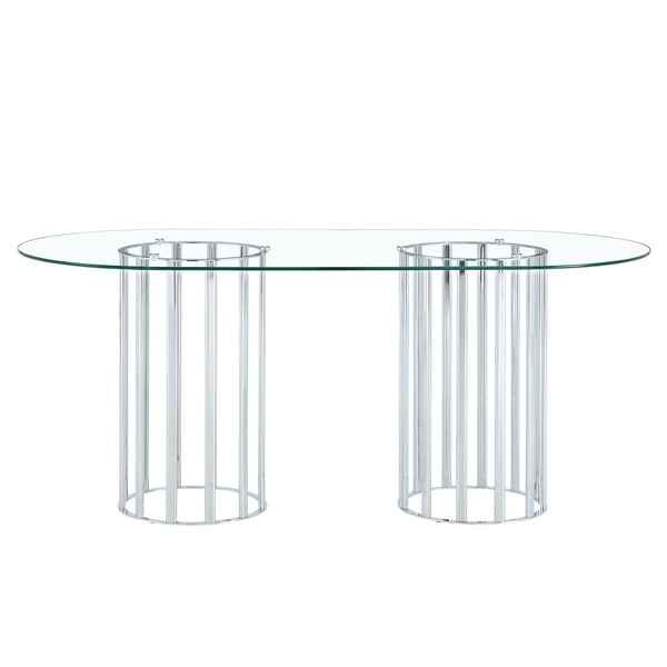 English Elm 71 Inch Oval Tempered Glass Dining Table Black Metal Base Seats Eight Modern W1151P416028