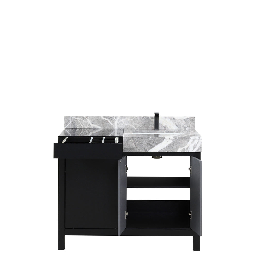 English Elm Black Bath Vanity With Castle Grey Marble Top, Gun Metal Faucet, Soft-Close Drawers & Storage Space B2731P261090