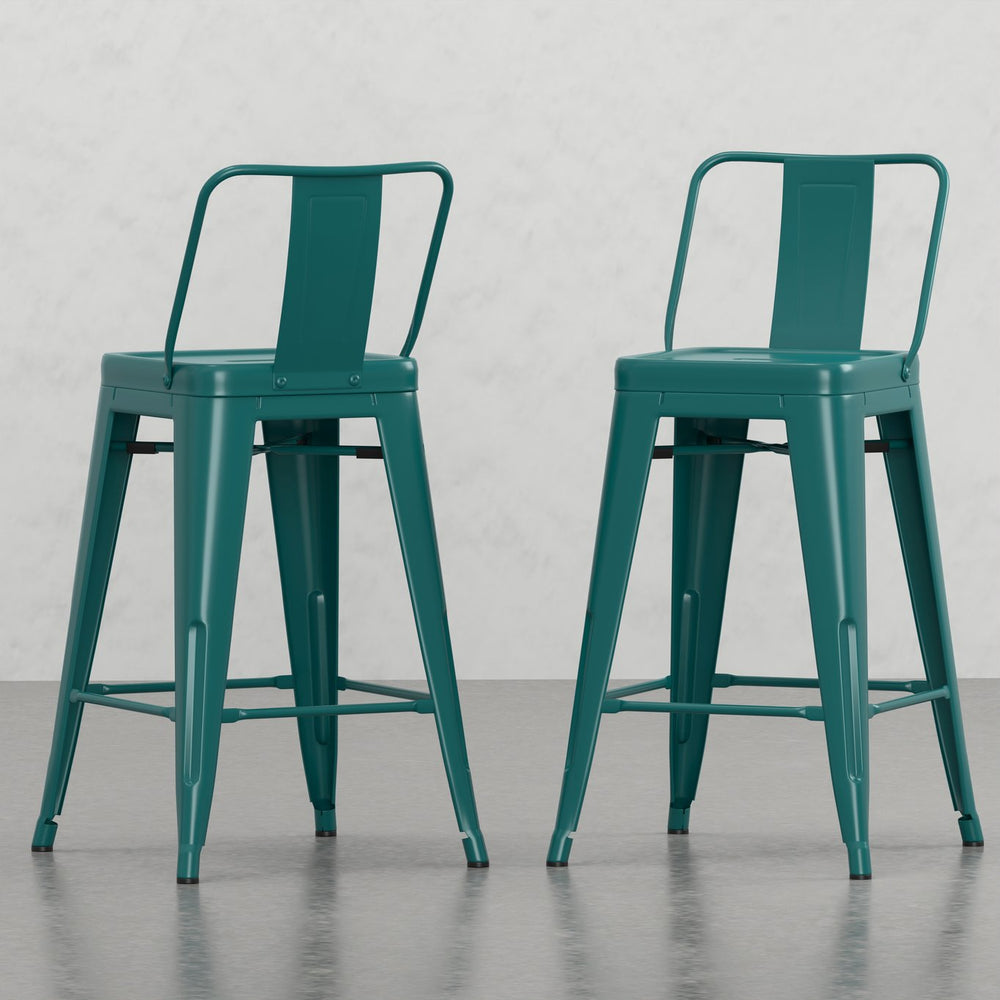 English Elm Keeley 24in Metal and Solid Elm Wood Counter Stools Set of 4 — Curved Backs, Footrests, Durable Finish Teal Blue B2732P253608