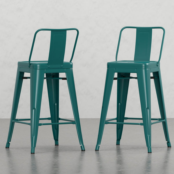 English Elm Keeley 24in Metal and Solid Elm Wood Counter Stools Set of 4 — Curved Backs, Footrests, Durable Finish Teal Blue B2732P253608