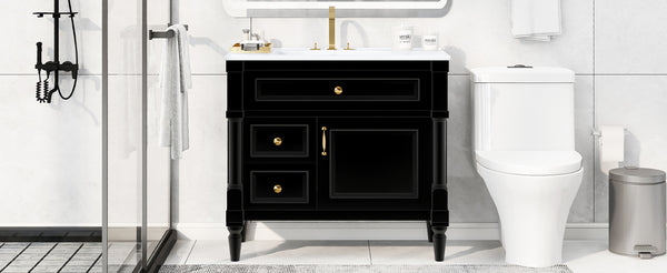 English Elm 36" Bathroom Vanity With Elegant Ceramic Sink, Adjustable Storage, And Sleek Black Finish For Modern Style N725P356064B