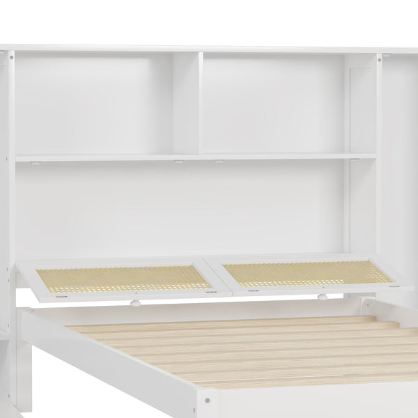 English Elm Twin Multifunctional Bed with Rattan Headboard Storage, Drawer & Shelves — Space-Saving Pine Design White 50.4 L x 19.8 W x 5.5 H N733S241280K