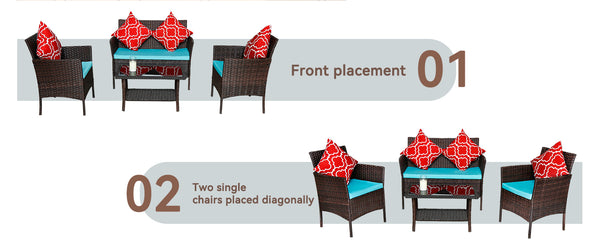 English Elm Four-Piece Outdoor Rattan Sofa Set With Emerald Green Cushions & Stylish Glass Table For Patios W3152P269438