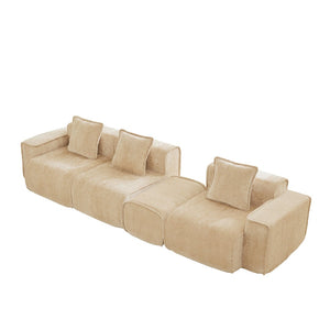English Elm Streamlined Velvet L-shaped Sectional Sofa with Ottoman and Cloud Cushion Living Room Light Camel W3041S00352
