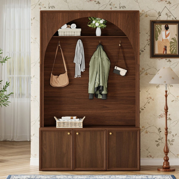 English Elm On-trend Farmhouse Hall Tree Arched Cabinet Storage Bench with Golden Hooks Mudroom Walnut N721S000080P