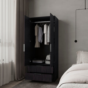 English Elm Forest 2 Door Wardrobe with Hanging Rod & 2 Drawers, Wengue — Compact Melamine Storage with Metal Handles, 74.4"H x 31.5"W x 20.5"D B128S00176