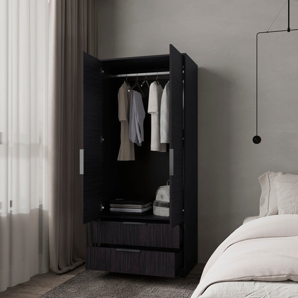English Elm Forest 2 Door Wardrobe with Hanging Rod & 2 Drawers, Wengue — Compact Melamine Storage with Metal Handles, 74.4"H x 31.5"W x 20.5"D B128S00176