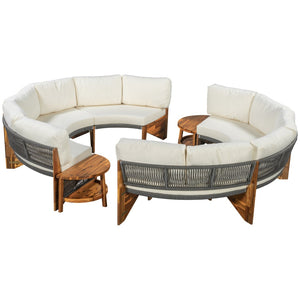 English Elm U_style Circular Patio Sofa Set Pp Rope Woven Steel Frame Acacia Wood Resort Lounge Beige WY000468AAA