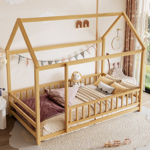 English Elm Twin Pine House Frame Floor Bed with Peaked Roof and Fence Guardrails for Kids Natural W1858P389939