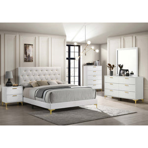 English Elm James White Glam Queen Bed with Tufted Tall Headboard, Gold Button Accents & White Leatherette Upholstery B062P378461