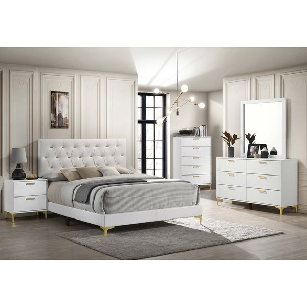 English Elm James White Glam Queen Bed with Tufted Tall Headboard, Gold Button Accents & White Leatherette Upholstery B062P378461