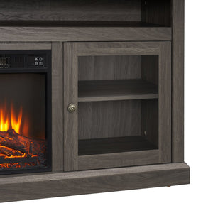 English Elm Retro TV Stand Dark Walnut 60" Console with 18" Fireplace Insert, Storage Cabinets, Open Shelves, Fits 65" TVs W2275S00010