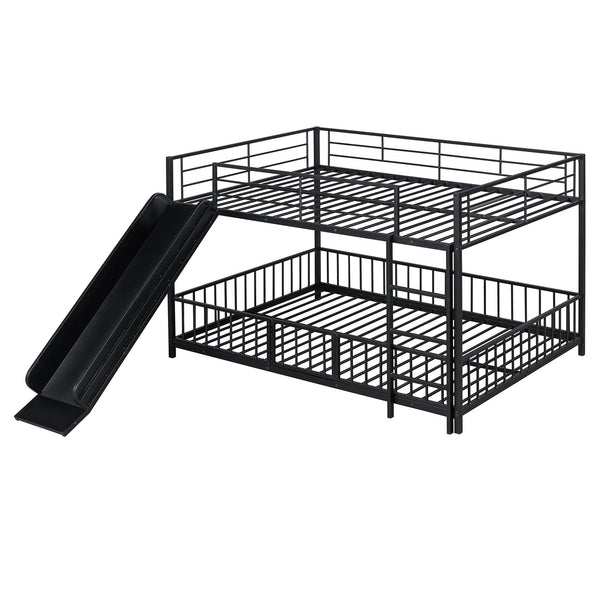 English Elm Full Full over Full Metal Bunk Bed with Slide, Interchangeable Stairs, Gate & Safety Guardrails for Kids Black SF000170AAB