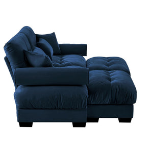 English Elm Over Size Velvet Two-Seater Sofa With Ottoman - Plush Comfort, Bolster Armrests & Pillows In Blue W714S01115-GIGA
