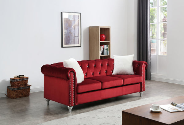 English Elm Raisa Velvet Tufted Sofa with Jeweled Buttons, Nailhead Accents, Pocketed Coil Cushions & Pillows Burgundy 15 L x 26 W x 34 H B078S00111
