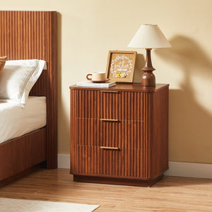 English Elm 3 Drawer Nightstand Pair Walnut Wave Textured Mdf Modern Bedroom Storage Set of Two W1820P436011