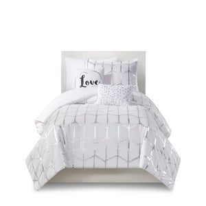 JLA Home Intelligent Design - Metallic ultra-soft microfiber comforter set with geometric metallic print, antimicrobial protection, hotel-inspired style White/Silver ID10-1817