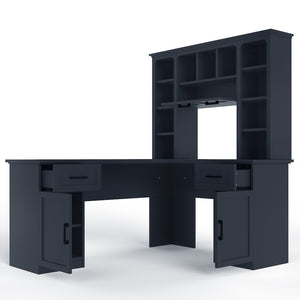 English Elm L-shaped Home Office Desk with Open Shelves Flip Shelf Cabinets and Drawer Storage Antique Blue W1580S00494